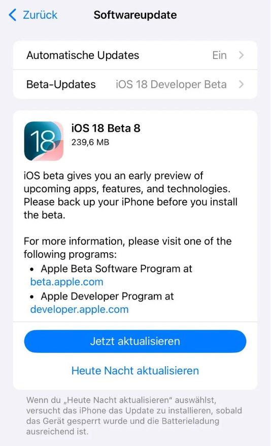 浑江苹果手机维修分享苹果 iOS / iPadOS 18 开发者预览版 Beta 8 发布 